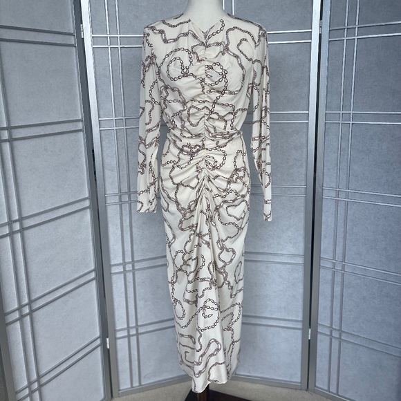 Veronica Beard Ecru/Brown Kersey Chain-Print Midi Silk Dress sz 6